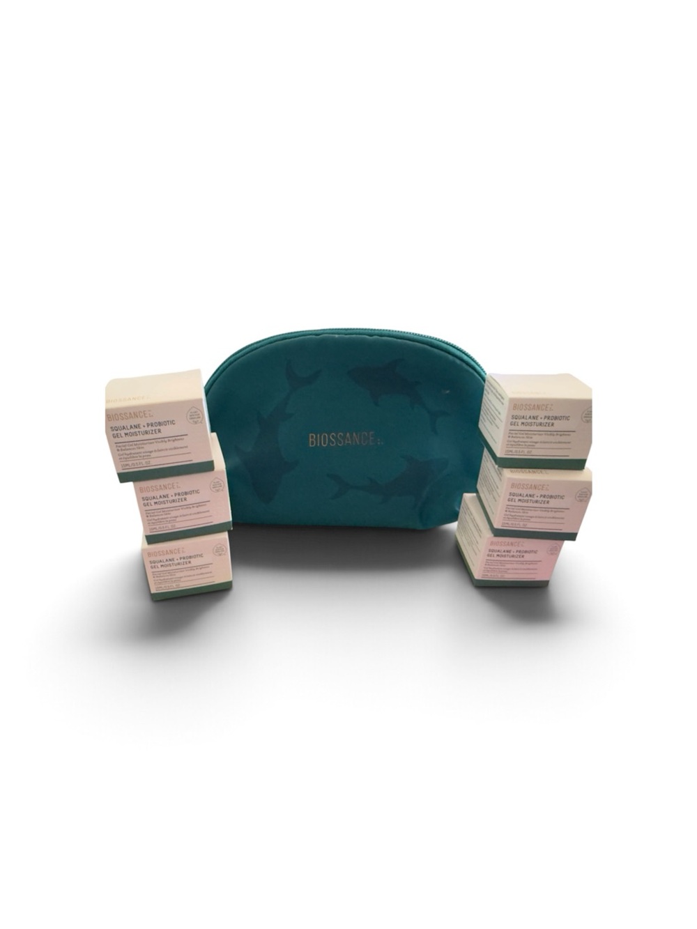 Biossance Makeup Bag with six
15 ml Squalene & Probiotic Gel Moisturizers.

Bios